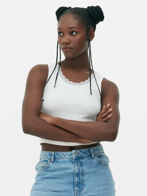 Camiseta Sin Mangas Acanalada Con Ribetes De Encaje